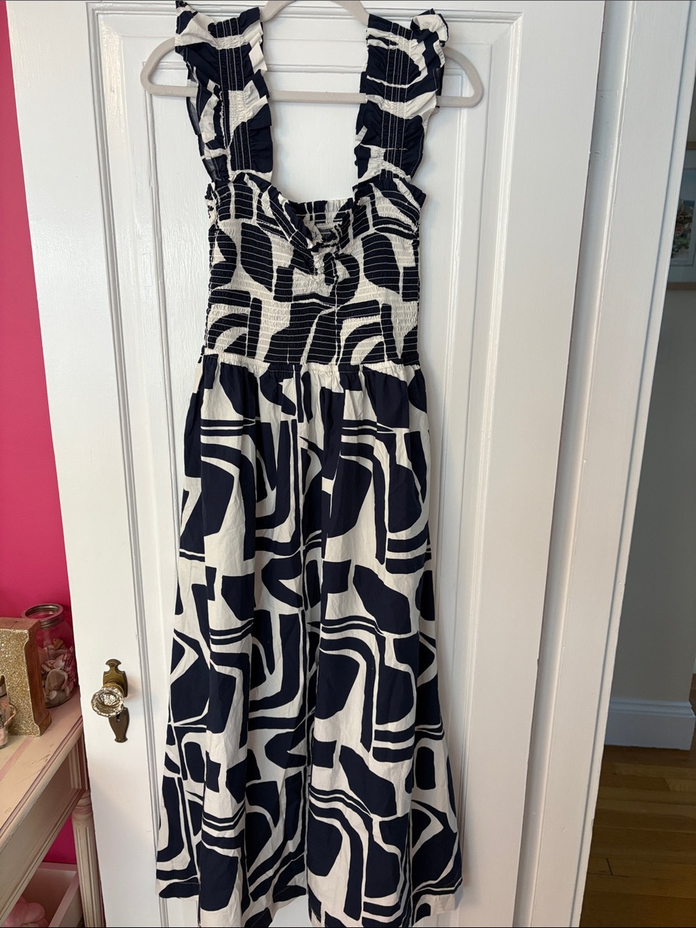 Navy and White Abstract Smocked Sundress